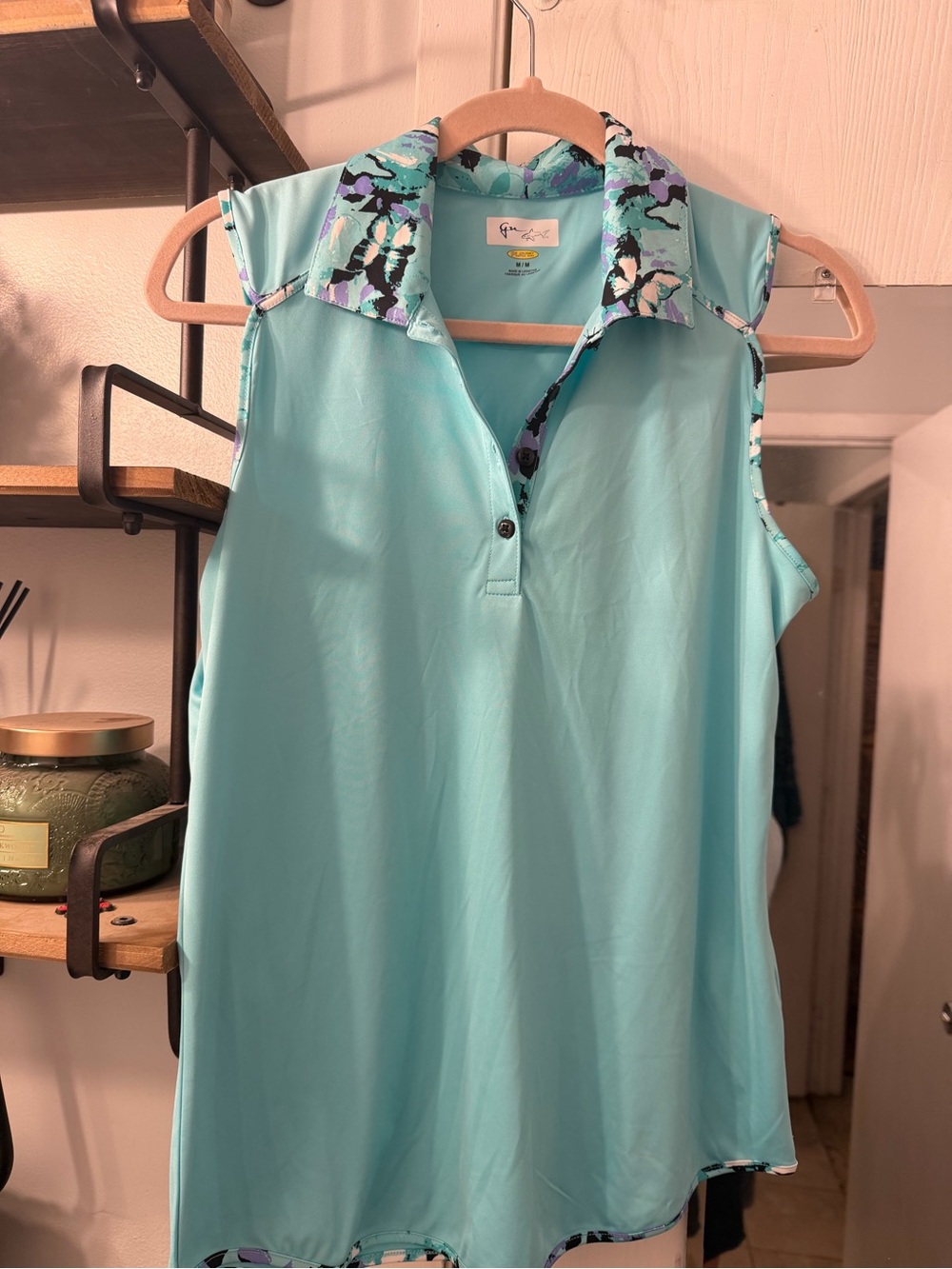 Guy Harvey Aqua Sleeveless Polo Top with Floral Trim